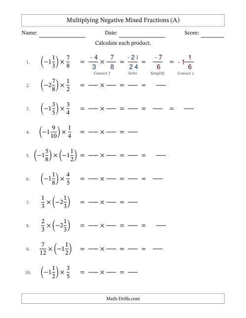 The Multiplying Negative Mixed Fractions with Denominators Up to Twelfths, Mixed Fractions Results and Some Simplifying (Fillable) (All) Math Worksheet