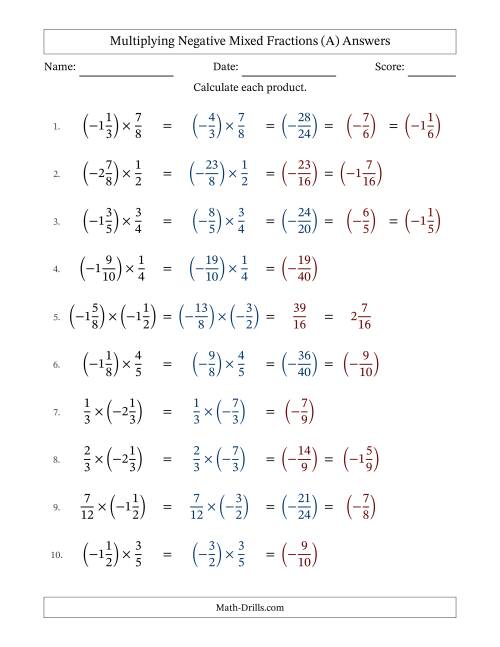The Multiplying Negative Mixed Fractions with Denominators Up to Twelfths, Mixed Fractions Results and Some Simplifying (Fillable) (All) Math Worksheet Page 2