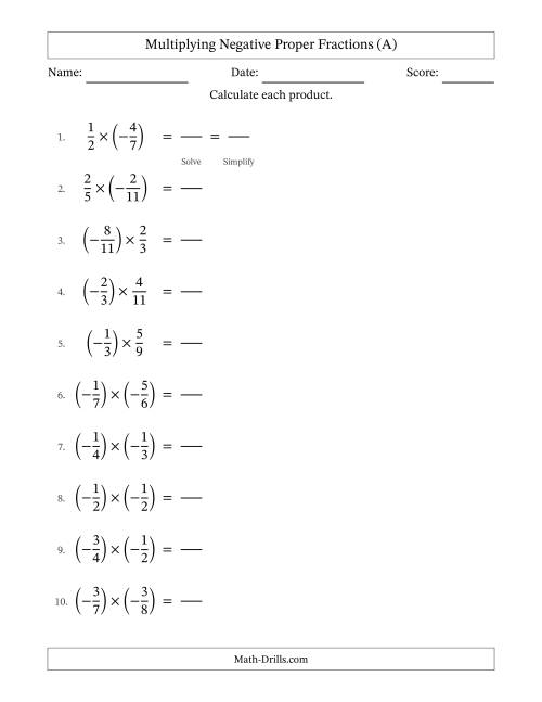 The Multiplying Negative Fractions with Denominators to Twelfths (A) Math Worksheet