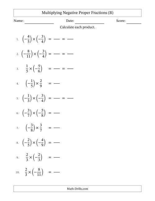 The Multiplying Negative Proper Fractions with Denominators Up to Twelfths, Proper Fractions Results and Some Simplifying (Fillable) (B) Math Worksheet