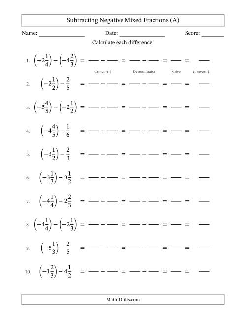 The Subtracting Negative Mixed Fractions with Denominators to Sixths (A) Math Worksheet