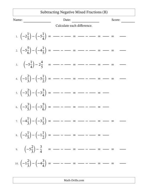 The Subtracting Negative Mixed Fractions with Unlike Denominators Up to Sixths, Mixed Fraction Results and No Simplifying (Fillable) (B) Math Worksheet