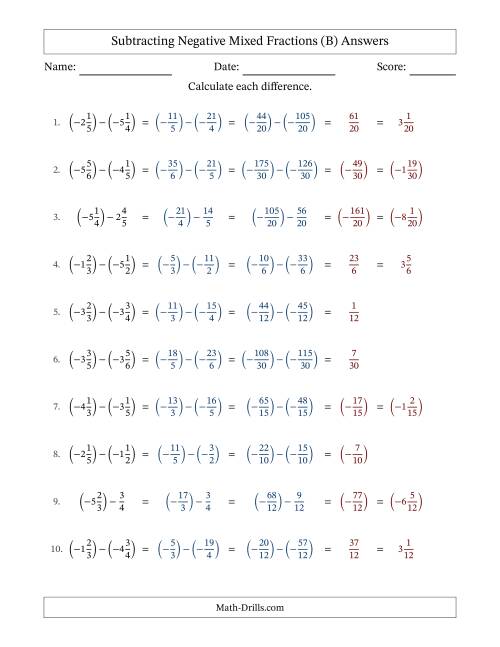 The Subtracting Negative Mixed Fractions with Unlike Denominators Up to Sixths, Mixed Fraction Results and No Simplifying (Fillable) (B) Math Worksheet Page 2