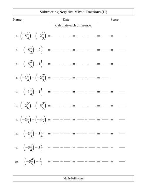 The Subtracting Negative Mixed Fractions with Unlike Denominators Up to Sixths, Mixed Fraction Results and No Simplifying (Fillable) (H) Math Worksheet
