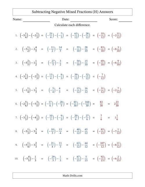 The Subtracting Negative Mixed Fractions with Unlike Denominators Up to Sixths, Mixed Fraction Results and No Simplifying (Fillable) (H) Math Worksheet Page 2