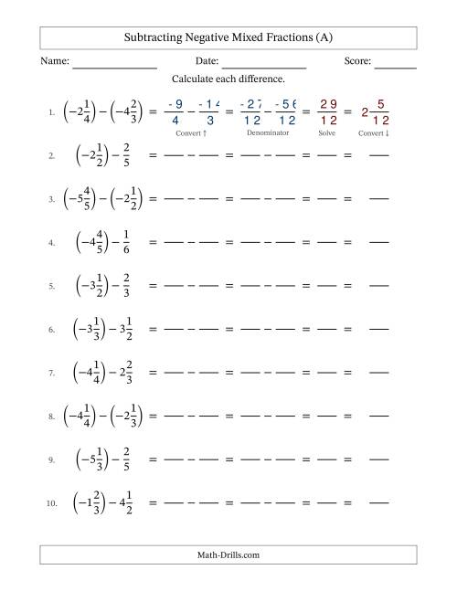 The Subtracting Negative Mixed Fractions with Unlike Denominators Up to Sixths, Mixed Fraction Results and No Simplifying (Fillable) (All) Math Worksheet