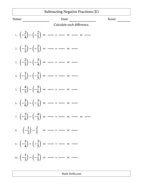 The Subtracting Negative Proper Fractions with Unlike Denominators Up to Sixths, Proper Fraction Results and Some Simplifying (Fillable) (E) Math Worksheet