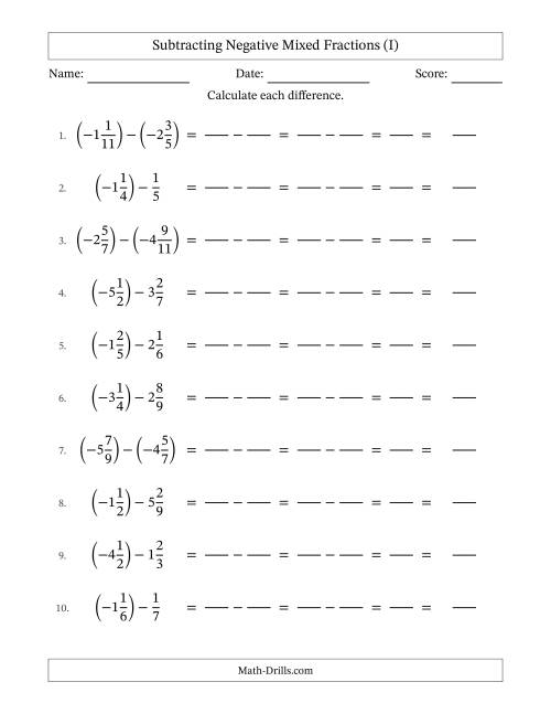 The Subtracting Negative Mixed Fractions with Unlike Denominators Up to Twelfths, Mixed Fraction Results and No Simplifying (Fillable) (I) Math Worksheet