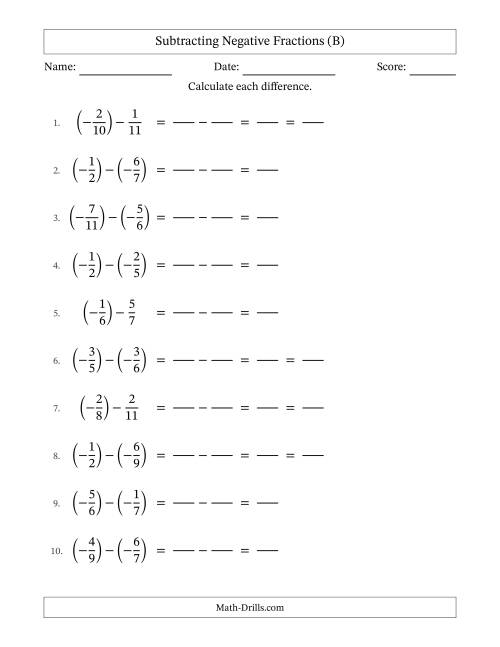 The Subtracting Negative Proper Fractions with Unlike Denominators Up to Twelfths, Proper Fraction Results and Some Simplifying (Fillable) (B) Math Worksheet