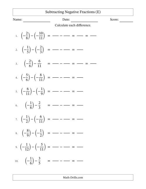 The Subtracting Negative Proper Fractions with Unlike Denominators Up to Twelfths, Proper Fraction Results and Some Simplifying (Fillable) (E) Math Worksheet