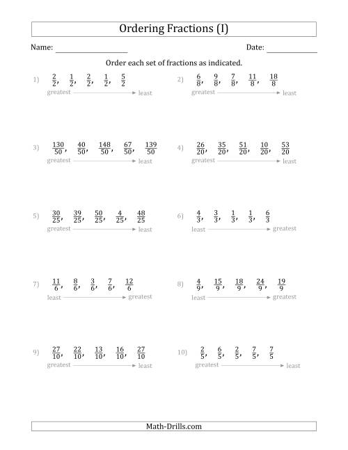 The Ordering Sets of 5 Positive Fractions with Like Denominators (I) Math Worksheet
