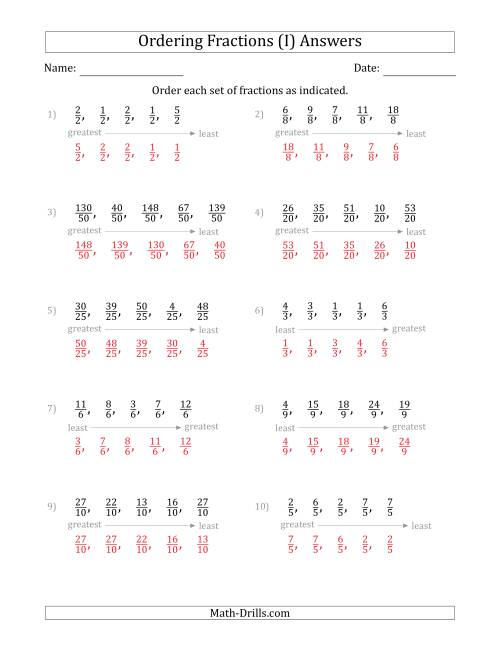 The Ordering Sets of 5 Positive Fractions with Like Denominators (I) Math Worksheet Page 2