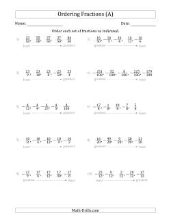 Ordering Sets of 5 Positive and Negative Fractions with Like Denominators or Like Numerators