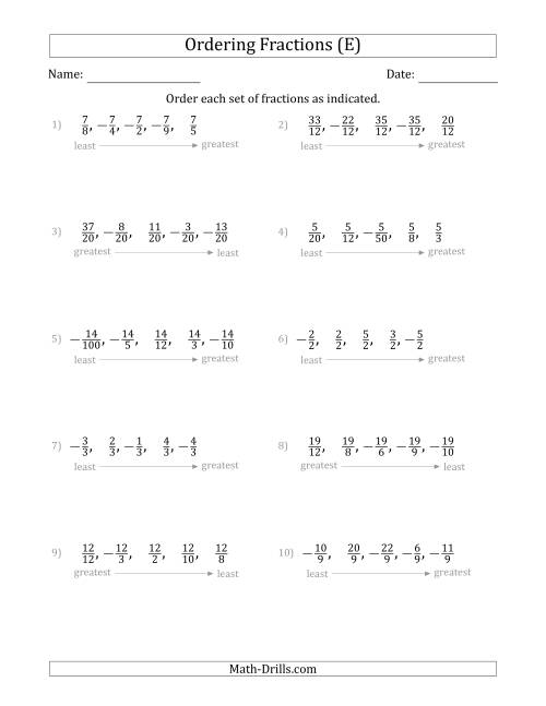 The Ordering Sets of 5 Positive and Negative Fractions with Like Denominators or Like Numerators (E) Math Worksheet