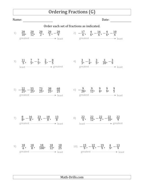 The Ordering Sets of 5 Positive and Negative Fractions with Like Denominators or Like Numerators (G) Math Worksheet