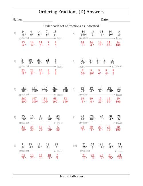 The Ordering Sets of 5 Positive Fractions with Like Denominators or Like Numerators (D) Math Worksheet Page 2