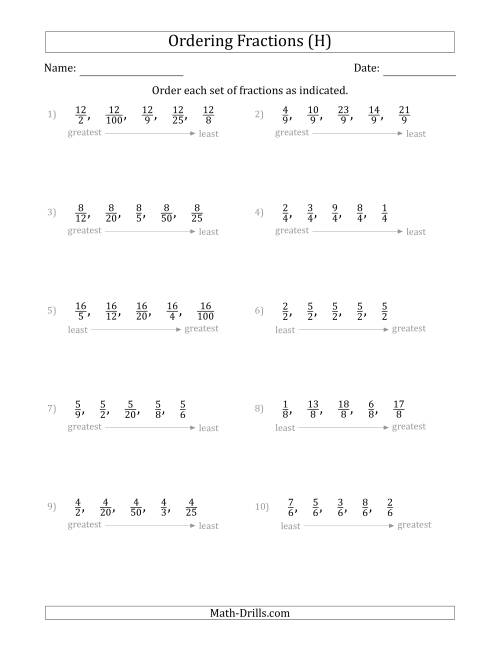 The Ordering Sets of 5 Positive Fractions with Like Denominators or Like Numerators (H) Math Worksheet