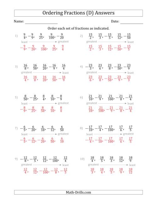 The Ordering Sets of 5 Positive and Negative Fractions with Like Numerators (D) Math Worksheet Page 2