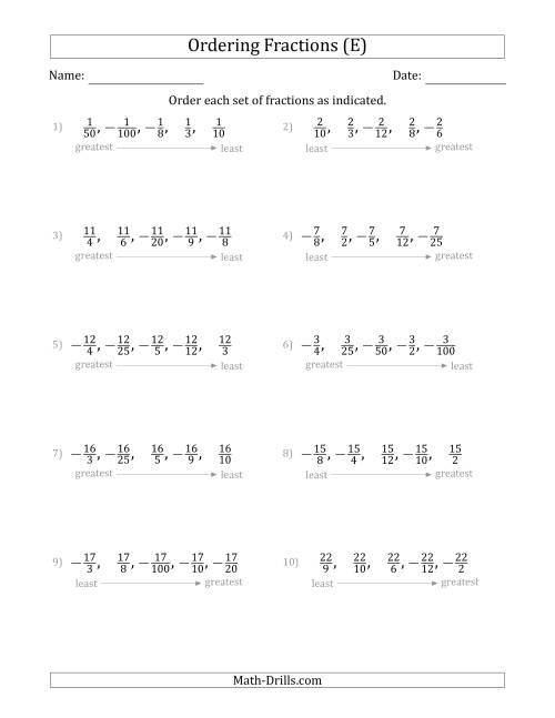 The Ordering Sets of 5 Positive and Negative Fractions with Like Numerators (E) Math Worksheet