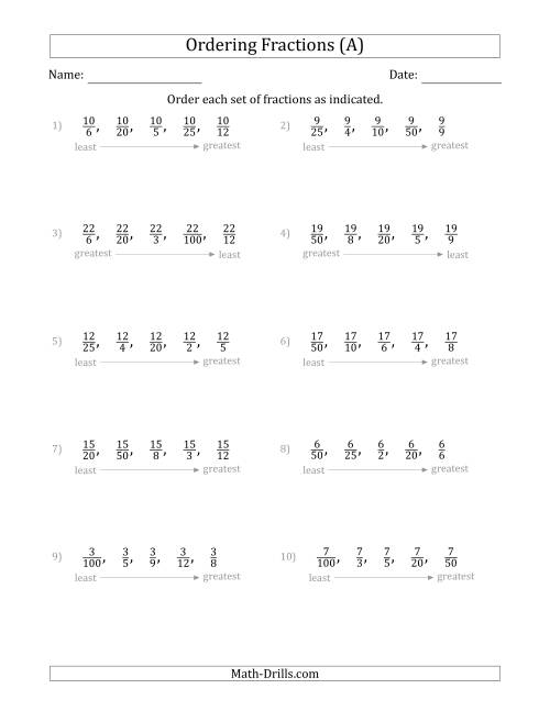 The Ordering Sets of 5 Positive Fractions with Like Numerators (A) Math Worksheet