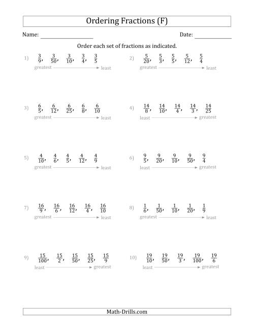 The Ordering Sets of 5 Positive Fractions with Like Numerators (F) Math Worksheet