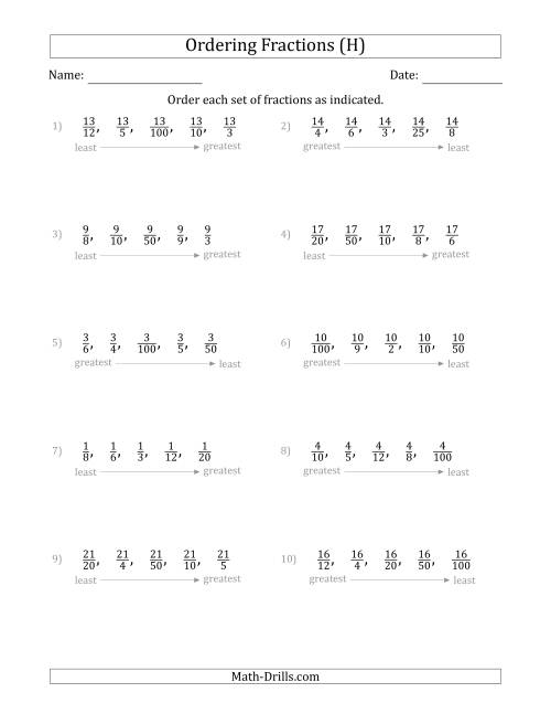 The Ordering Sets of 5 Positive Fractions with Like Numerators (H) Math Worksheet