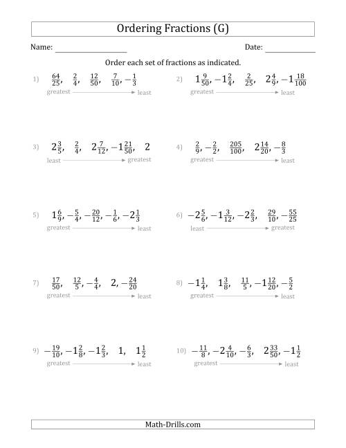 The Ordering Sets of 5 Positive and Negative Fractions with Improper and Mixed Fractions (G) Math Worksheet