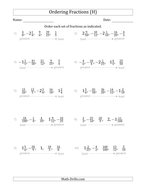 The Ordering Sets of 5 Positive and Negative Fractions with Improper and Mixed Fractions (H) Math Worksheet