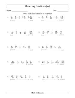 Ordering Sets of 5 Positive Fractions with Improper and Mixed Fractions