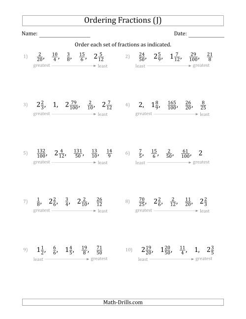 The Ordering Sets of 5 Positive Fractions with Improper and Mixed Fractions (J) Math Worksheet