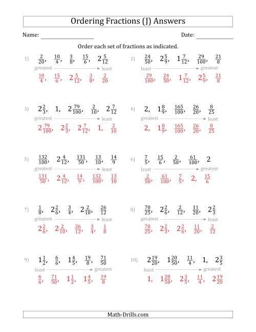 The Ordering Sets of 5 Positive Fractions with Improper and Mixed Fractions (J) Math Worksheet Page 2