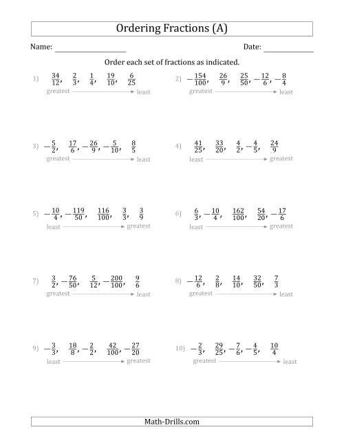 The Ordering Sets of 5 Positive and Negative Fractions with Improper Fractions (A) Math Worksheet