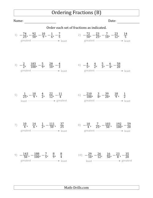 The Ordering Sets of 5 Positive and Negative Fractions with Improper Fractions (B) Math Worksheet