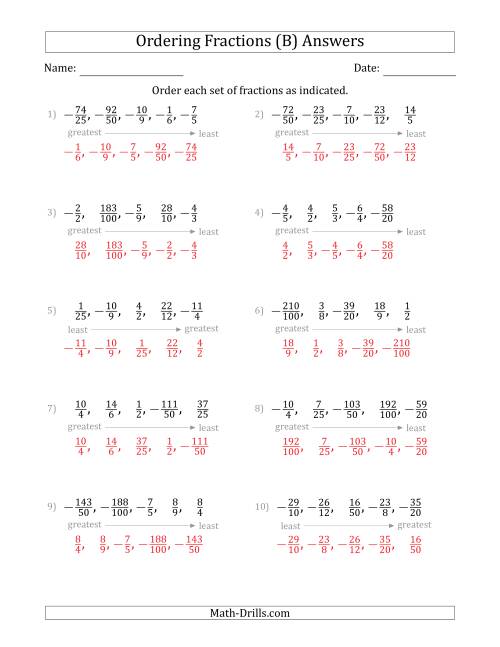 The Ordering Sets of 5 Positive and Negative Fractions with Improper Fractions (B) Math Worksheet Page 2