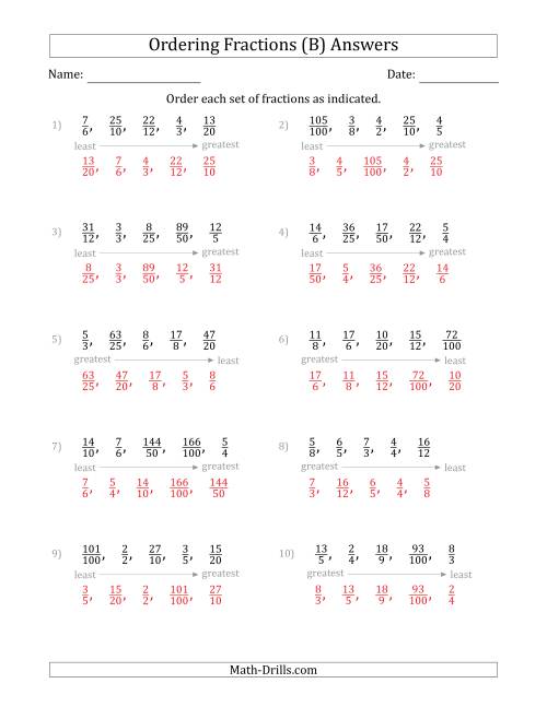 The Ordering Sets of 5 Positive Fractions with Improper Fractions (B) Math Worksheet Page 2