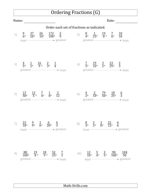 The Ordering Sets of 5 Positive Fractions with Improper Fractions (G) Math Worksheet