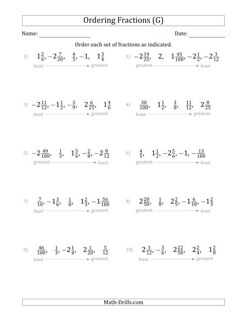 The Ordering Sets of 5 Positive and Negative Fractions with Mixed Fractions (G) Math Worksheet