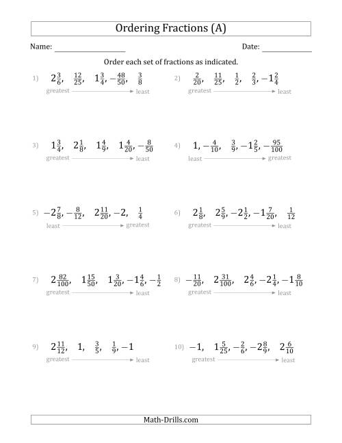 The Ordering Sets of 5 Positive and Negative Fractions with Mixed Fractions (All) Math Worksheet