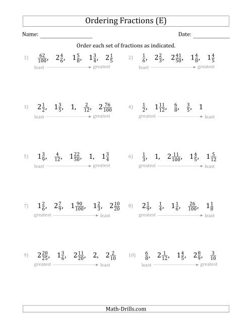 The Ordering Sets of 5 Positive Fractions with Mixed Fractions (E) Math Worksheet
