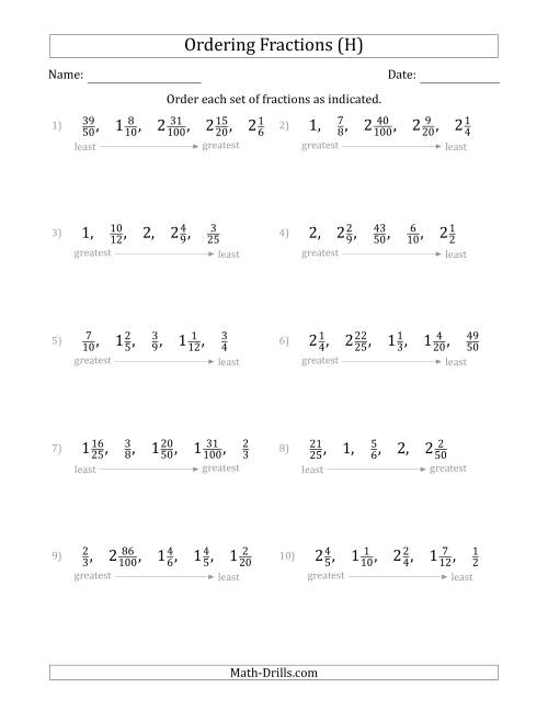 The Ordering Sets of 5 Positive Fractions with Mixed Fractions (H) Math Worksheet