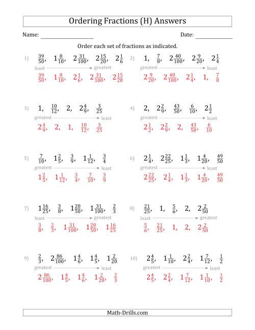 The Ordering Sets of 5 Positive Fractions with Mixed Fractions (H) Math Worksheet Page 2