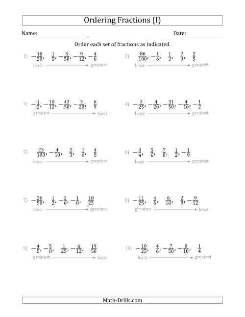 The Ordering Sets of 5 Positive and Negative Proper Fractions (I) Math Worksheet