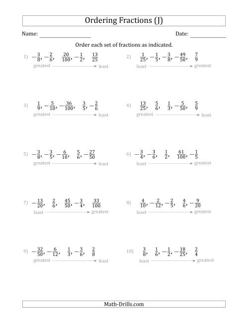The Ordering Sets of 5 Positive and Negative Proper Fractions (J) Math Worksheet