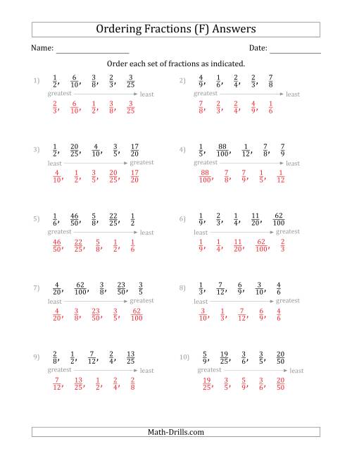 The Ordering Sets of 5 Positive Proper Fractions (F) Math Worksheet Page 2