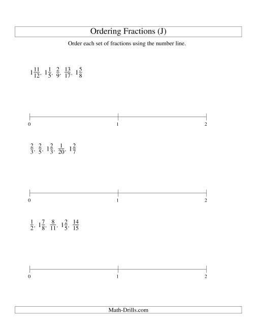 The Ordering Fractions on a Number Line -- All Denominators to 24 (J) Math Worksheet