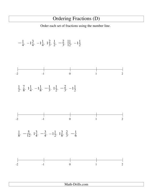 The Ordering Fractions on a Number Line -- Easy Denominators to 24 Including Negatives (D) Math Worksheet
