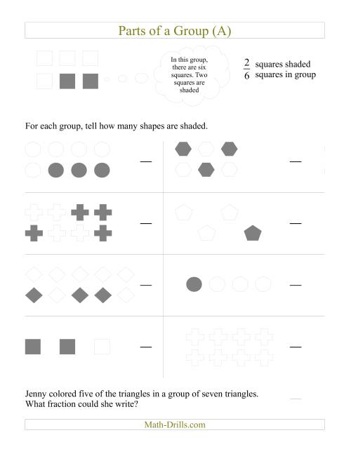 The Parts of a Group Fraction Models (A) Math Worksheet