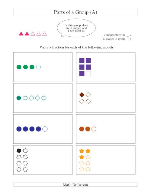 The Parts of a Group Fraction Models with Simplified Fractions Up to Eighths (A) Math Worksheet