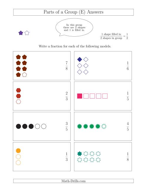 The Parts of a Group Fraction Models with Simplified Fractions Up to Eighths (E) Math Worksheet Page 2