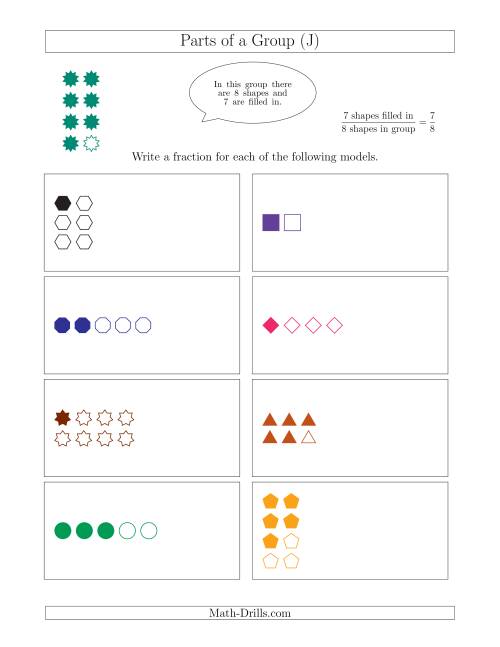 The Parts of a Group Fraction Models with Simplified Fractions Up to Eighths (J) Math Worksheet
